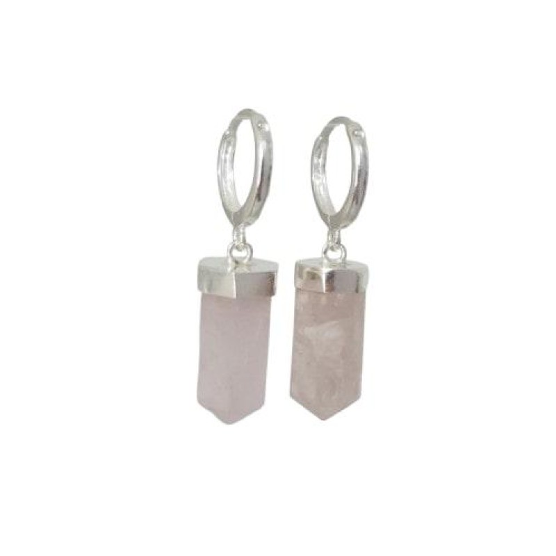 Argola Prata 925 com Prisma Quartzo Rosa